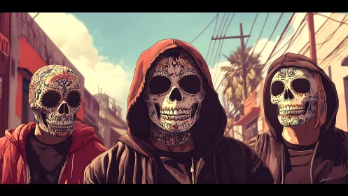Hooded trio in sugar skull masks on sunlit urban street