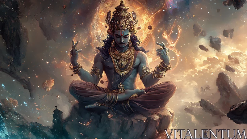 Celestial blue deity meditates amid luminous cosmic vortex