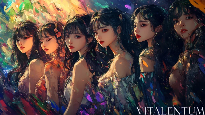 Prismatic sisters drifting through a kaleidoscope midnight.