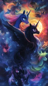 Celestial winged unicorns guard luminous cosmic night.