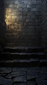 Rough stone staircase against dimly lit masonry wall.