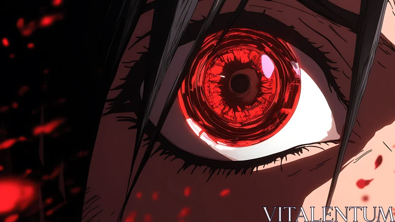Close-up red glowing anime eye with abstract background.