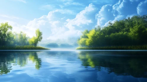 Sunlit lake shoreline reflects lush forest under calm sky