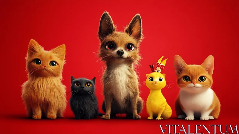 Animated Pets Collection on Red Background.