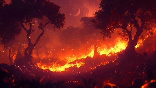Intense Wildfire Through Silhouetted Trees at Night.