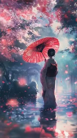 Rainlit kimono figure beneath prismatic sakura canopy.