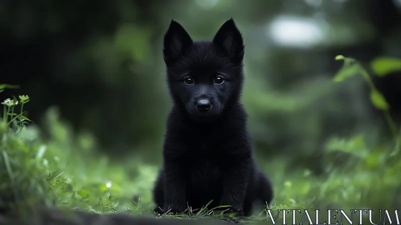 Black puppy portrait uses shallow depth for soft forest bokeh