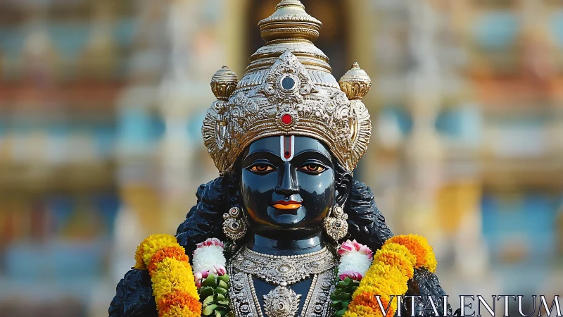 Midnight stone deity crowned in gold, garlanded in marigolds.