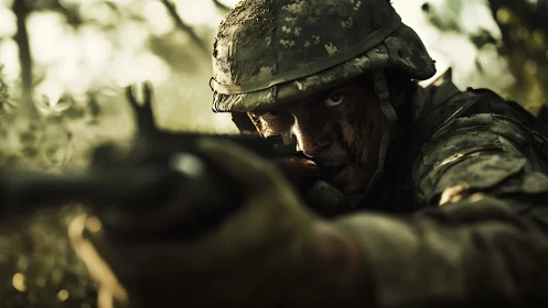 Soldier aims down rifle sights during tense forest engagement