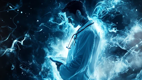 Futuristic doctor studies glowing data within swirling energy