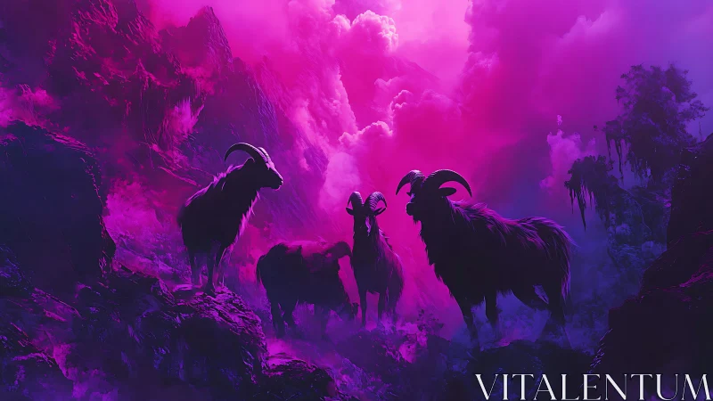 Horned mountain goats stand under vivid neon magenta sky