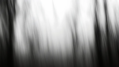 Blurred monochrome forest lines suggest kinetic vertical motion.