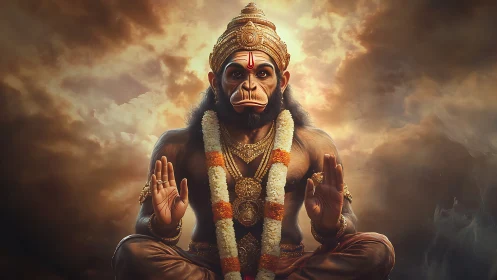 Divine simian deity seated in meditation amid storm clouds.