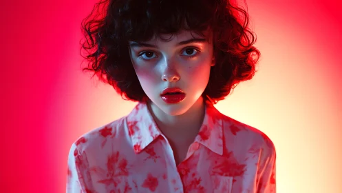 Curly haired youth against red gradient background.