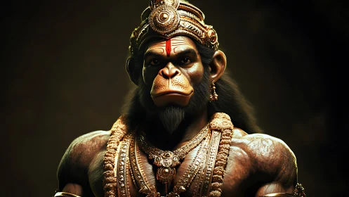 Simian humanoid figure in ornate gold ceremonial regalia.