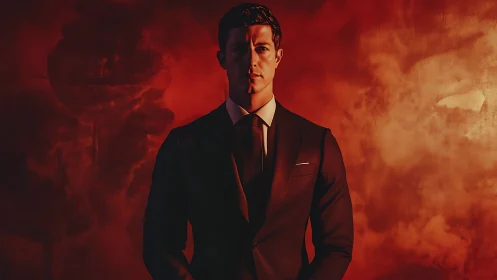 Mystery in a crimson sky: suited figure in quiet focus.