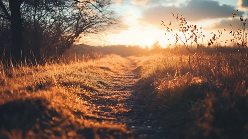 Sunlit country path glowing with warm golden hour light.