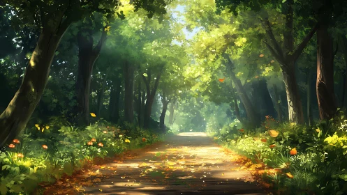 Sunlit Forest Path Through Ancient Trees