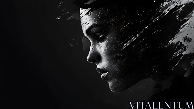 Inkstorm Reverie: monochrome portrait dissolving to night.