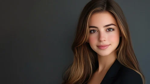 Professional studio portrait of young woman with natural makeup.