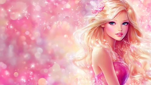 Sparkling pink fairy princess with flowing golden hair.