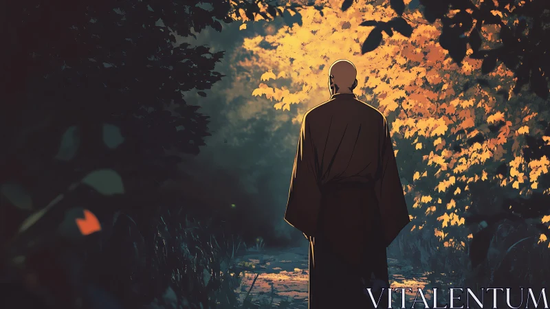 Monk silhouette in autumn forest lighted path at dusk.