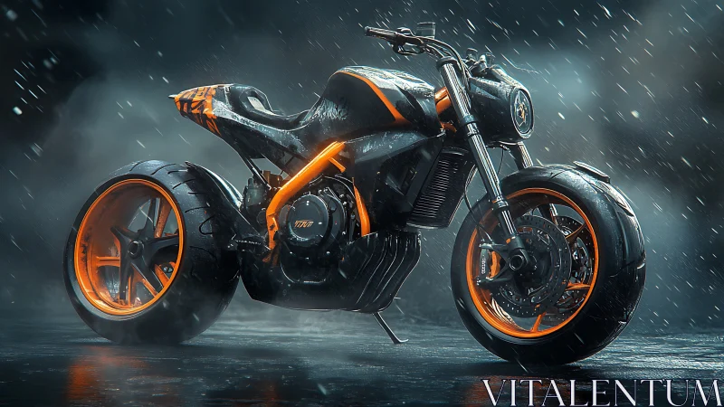 Electric-orange cyber bike under cinematic rainstorm lighting.