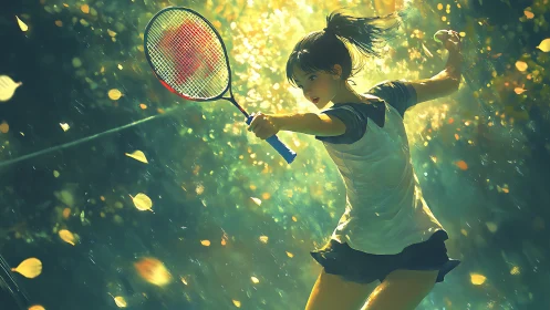 Sunlit badminton warrior slices through a storm of glowing leaves
