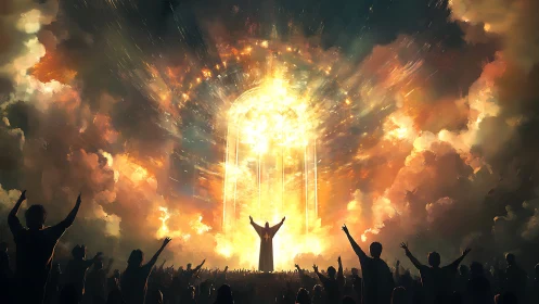 Radiant celestial gateway erupts above worshipping crowd.