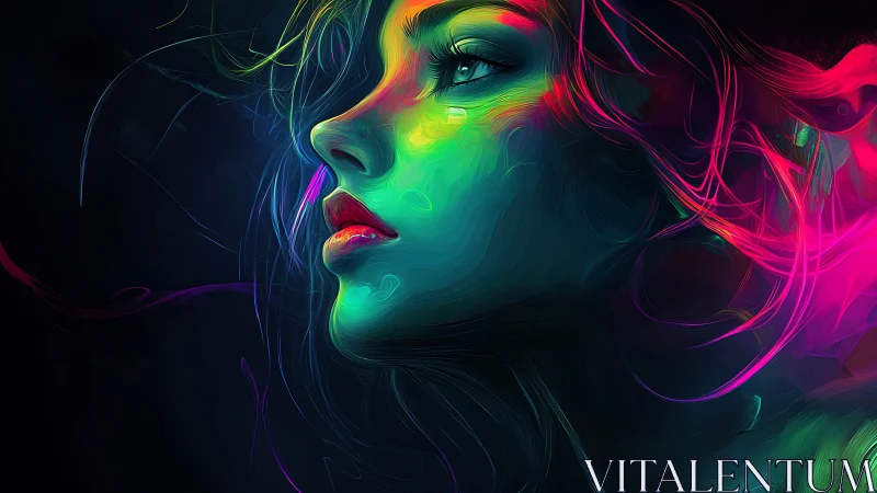 Luminous portrait of a dreaming woman in flowing neon light.