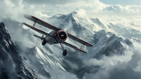 Biplane in level flight above clouded alpine ridge line.