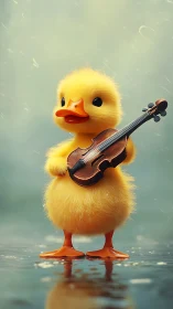 Fluffy yellow duckling holds detailed violin on wet reflective ground
