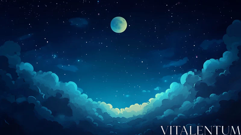 Moonlit night sky is rendered above layered cloud formations