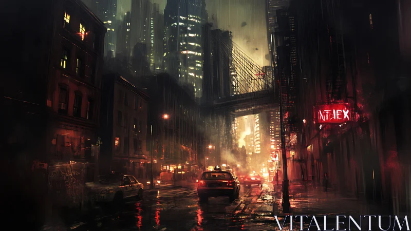 Rain-soaked neon city street humming with late-night life.