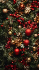 Dense arrangement of red and gold Christmas ornaments.