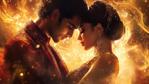 Two souls ignite—radiant lovers locked in golden fire.