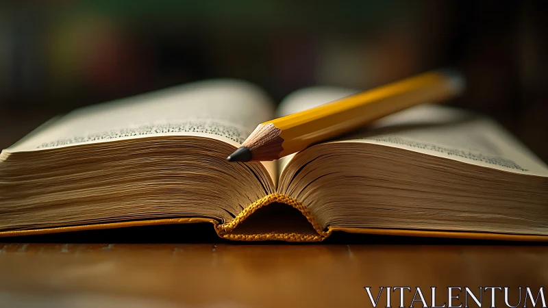 Macro study of open hardcover book with sharpened yellow pencil