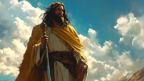 Digital painting of robed prophet against luminous sky backdrop.