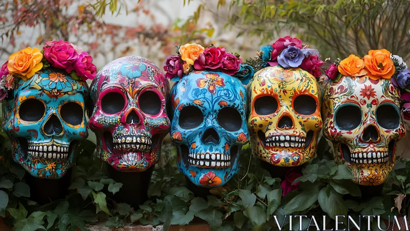 Row of decorated sugar skulls with bright floral crowns.