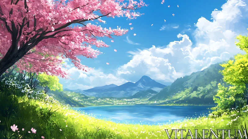 Gentle spring lake under cherry blossoms and soft mountains.