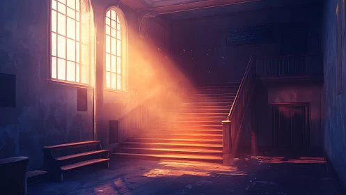 Sunlight defines an interior wooden staircase in large hall