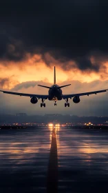 Jetliner flare landing against convective sunset cloud deck.