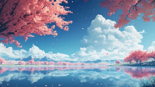 Sakura shoreline reflects pastel clouds over distant peaks.
