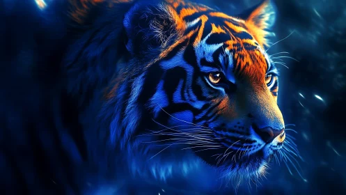 Neon lit tiger head glows against deep blue abstract night