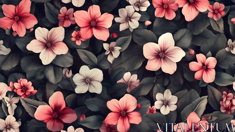 Layered Floral Composition with Coral Blooms and Dark Foliage Backdrop