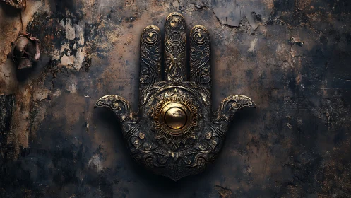 Ornate metallic hamsa hand on dark weathered wall.