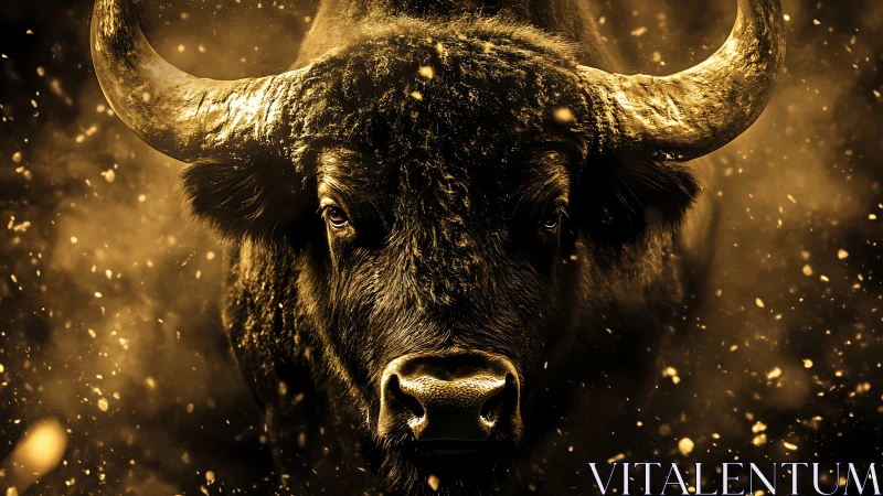 Bull head centered in frame, lit by strong golden highlights