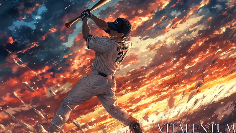 Baseball batter swings under blazing orange sunset sky.