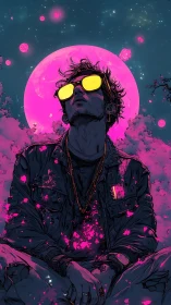 Neon-soaked drifter under glowing pink lunar halo.