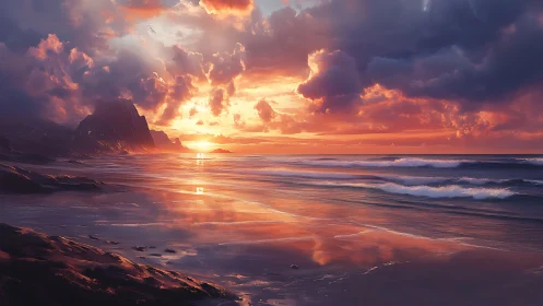 Dramatic sunset over reflective shoreline and waves.